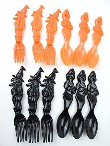 24 Pcs Halloween Party Plastic Flatware 12 Witch Forks 12 Ghost Spoons 12 Orange &amp; 12 Black