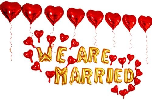 SMILE PARTY Cute Gold WE ARE MARRIED Alphabet Letters Foil Balloons Set for Wedding Party Decoration Supplies,Include 38 Balloons and 40 Balloon Glue Dots