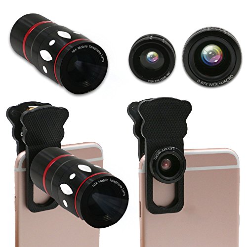 4 in 1 Smart Phone Camera Lens Kit Camera with 0.67x Wide Angle +Macro Lenses+180 Degree Fisheye+10x Telephoto Storage Bag For Wide Range of iPhone6s,6s plus,5s Samsung Galaxy S5 S6 edge Note 4
