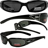 Marilyn-3 Foam Padded Sunglasses, Motorcycle Atv Sports Eyewear Smoke Lenses Shiny Black Frame with 42 Rhinestones Shatterproof Polycarbonate Lenses UV400 Filter for Maximum UV Protection Fits Great on Smaller Faces