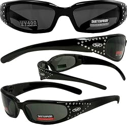 Marilyn-3 Foam Padded Sunglasses, Motorcycle Atv Sports Eyewear Smoke Lenses Shiny Black Frame with 42 Rhinestones Shatterproof Polycarbonate Lenses UV400 Filter for Maximum UV Protection Fits Great on Smaller Faces