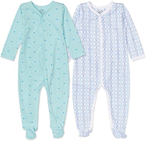 Kiyum Kids Organic Cotton Baby Footie 6-12 Months, Blue Stars &amp; Shapes