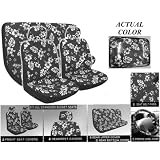 A Set of 5 Pc. Universal fit Hawaiian Hibiscus Floral Print Front Bucket Seat Cover  Steering Wheel Cover and Shoulder Harness Pressure Relief Cover   Pink