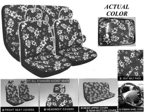 Black Hawaiian Hibiscus Auto Accessories Interior Combo - Front Low Back Bucket & Rear Bench Seat Covers, Steering Wheel Cover & Shoulder Pads