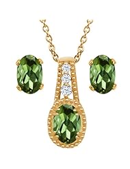 1.73 Ct Oval Green Tourmaline 14K Yellow Gold Pendant Earrings Set