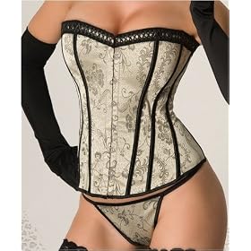 Beige Satin Boned Corset With Thong