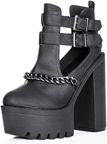 Block Heel Chain Buckle Cut Out Platform Ankle Boots Black Synthetic Leather US 7