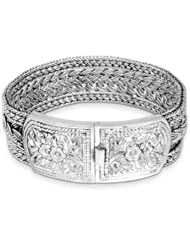 Sterling silver wristband bracelet, Bridge of Flowers (extra long) - Floral Sterling Silver Wristband Bracelet