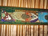 GREEN KHAKI BLUE BEADED Zardozi India Sari Tapestry Wall Hanging Table Runner 60X20