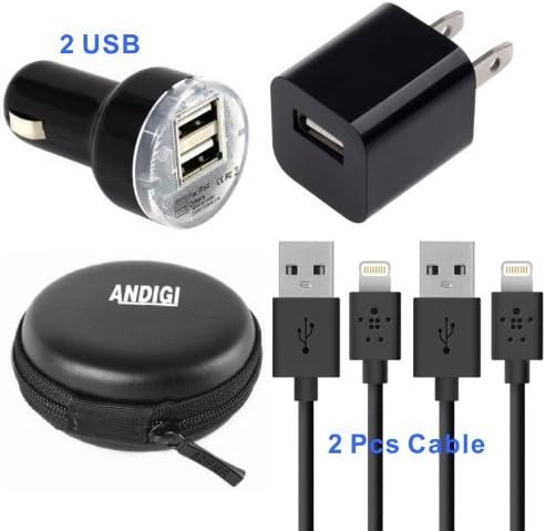 ANDIGI 4-in-1 Dual USB Car Charger + 2 USB Data Charging Cable + Wall Charger + Hard Case for IPhone 5 and 5s, iPad4 and Air