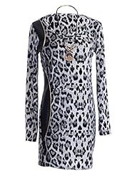 Long Sleeves Scoop Neck Leopard Print Faux-Leather  Dress