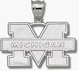 Michigan Wolverines Giant 1 3/4  W x 1 H M Michigan Pendant - Sterling Silver Jewelry