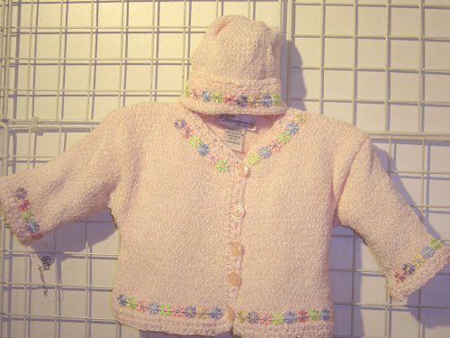 Ck11bp, Knitted on Hand Knitting Machine Then Finished By Hand Crochet Infant Girls Outfit, Containing Baby Pink Chenille Sweater, Hat, Set Trimmed with Satin Daisy Ribbons