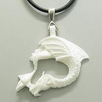 Hand Carved Unique Bone Dragon Amulet Silver Rubber Necklace