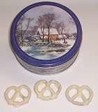 Scott's Cakes 1 lb. White Chocolate Covered Pretzel in a Homestead Tin