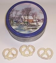 Scott's Cakes 1 lb. White Chocolate Covered Pretzel in a Homestead Tin