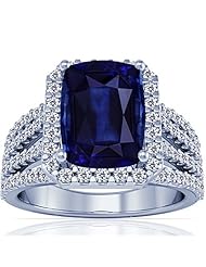 14K White Gold Cushion Cut Blue Sapphire Ring With Sidestones