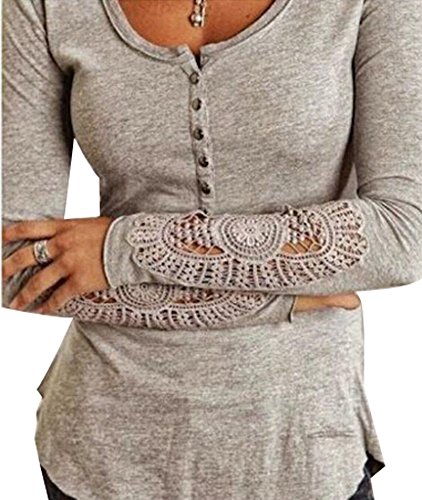 Fashion Lady Button Front Long Sleeve Cotton T Shirt Blouse Top Grey