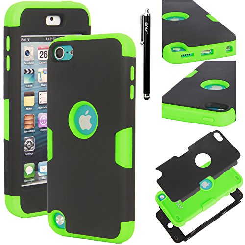 Ipod Touch 5 Case, E LV ipod Touch 5 Case - SHOCK ABSORPTION / HIGH IMPACT RESISTANT Full Body Hybrid Armor Protection Defender Case Cover for Apple ipod Touch 5 iTouch 5 with 1 Stylus and 1 Screen Protector (BLACK , GREEN)