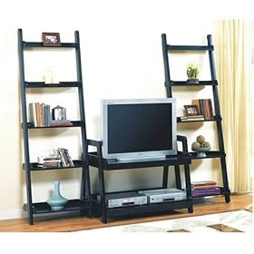 Black Wood Finish Entertainment Center TV Stand Book Shelves