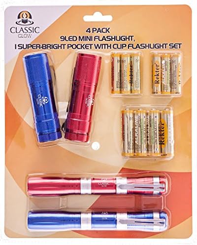 Pack of 4, Super Bright 9 LED Mini Aluminum Flashlight with Lanyard, Assorted Colors, Batteries Included, Best Tools for Camping, Hiking, Hunting, Backpacking, Fishing and BBQ