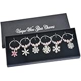 Souarts Mixed Christmas Snowflake Glass Wine Charms Markers Tag Pendant Set with Box Pack of 6pcs