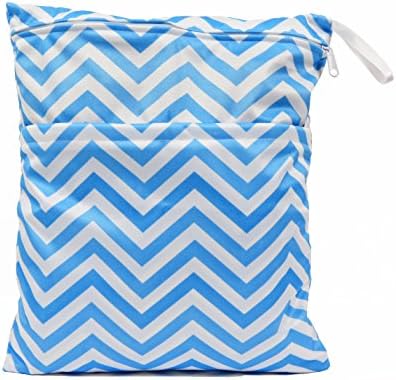 Blue Chevron Double Zippered Waterproof Reusable Washable Two Pocket Wet/Dry Swimsuit Diaper Bag