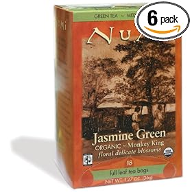 Numi Organic Tea Monkey King, Full Leaf Jasmine Green Tea in Teabags, 18-Count Box (Pack of 6)