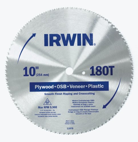 Irwin 11870 10-Inch 180 Tooth TCG Plywood, OSB, Veneer, and Plastic Cutting Saw Blade with 5/8-Inch Arbor