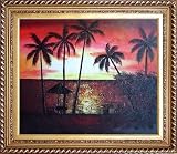 Beachside Palm Trees Under Golden Sunset Oil Painting, with Exquisite Dark Gold Wood Frame 26.5 x 30.5 inches