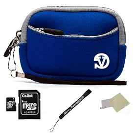 BLUE WITH GRAY TRIM Neoprene Protective Durable Mini Glove Pouch For Sony Bloggie Duo / 3D / Touch Point And Shoot Digital Camera + Includes a 4GB Micro SD Card with SD Adaptor + Includes a Universal Anti-Glare Screen Protector Guard + Includes an eBigValue TM Determination Hand Strap