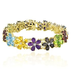 Yellow Gold Plated Sterling Silver Multi-Gemstone Flower Bracelet, 7.25 by