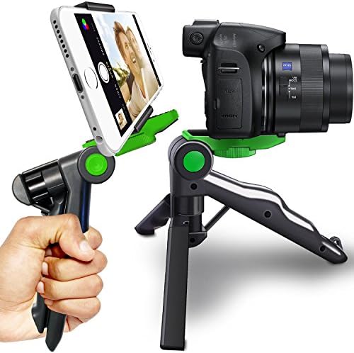PiuQ 2-IN-1 Mini Table Top Tripod 1/4 Screw [Stabilizer Stand | Pistol Grip] with Phone Mount Holder for iPhone, Android Smartphones, DSLR SLR DC Camera &amp; Videocam (Green)