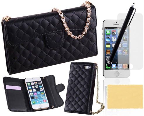 Kingsource (TM) Elegant Lady Handbag Style Wallet Leather Case with Credit Card Slots Suitable For Apple iphone 5 5g 5s Crystal Flower Bling and Hand Strap Luxury Fashion Handbag Metal Chain Style PU Leather Wallet Case for Apple iphone 5 5g 5s with 1 Screen Protector, 1 Stylus and 1 Microfiber Sticker Digital Cleaner (iPhone 5 5s black)