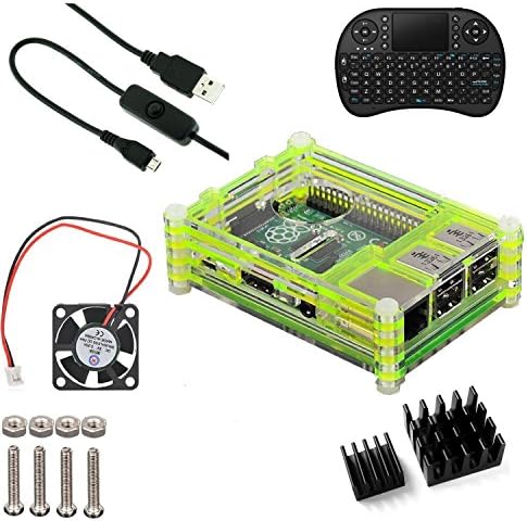 5 in 1 Professional Kit for Raspberry Pi 2 B and Raspberry Pi B+,green Sliced 9 Layers Case Box + Cooling Fan +Wireless Mini Keyboard + Micro USB Cable with Turn/on Switch+heatsinks