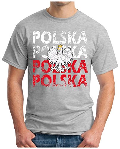 OM3 – POLSKA – T-Shirt POLAND EM 2016 FRANKREICH FRANCE FUSSBALL FANSHIRT SOCCER CUP SPORT TRIKOT EUROPAMEISTER, S, grau meliert