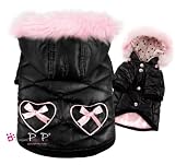 Designer Pretty Pet® Heart Pocket Black Jacket Coat with Baby Pink Heart Pocket and Detachable Baby Pink Faux Fur-Trimmed Hood Size Medium: baby designer clothes