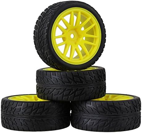 Mxfans RC 1:10 On-road Car Black Flame Pattern Rubber Tyre &amp; Yellow Plastic 14-Spoke Wheel Rim 12mm Drive Hex Pack of 4