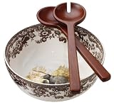 Spode Woodland American Wildlife 3-Piece Salad Bowl and Wooden Server Set