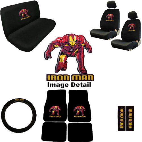  15pc Iron Man Marvel Comics Superhero Low Back Seat Covers with Head Rest Covers, Bench Cover and Steering Wheel Cover with Shoulder Pads and Floor Mats Licensed and Rare Product