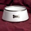 PORCELAIN DOG DISH - PORCELAIN LABELED DOG DISH WITH PEWTER ACCENTS