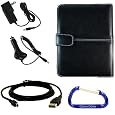 Black Leather Cover Case, USB 2in1 Data Cable, Car Charger, and Wall Charger with Free Carabiner Key Chain for the Sony Reader eBook Touch Edition PRS-600