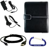 Black Leather Cover Case, USB 2in1 Data Cable, Car Charger, and Wall Charger with Free Carabiner Key Chain for the Sony Reader eBook Touch Edition PRS-600