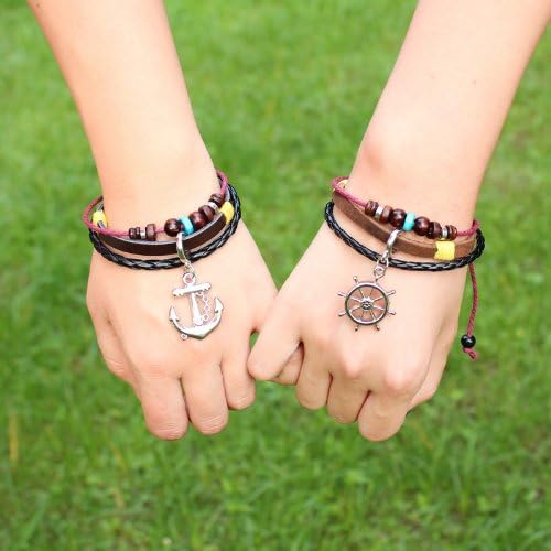 1 pair Pirate Rudder Helm Anchor Bead Handmade Leather Bracelet Bangle Lovers Caribbean Fans Jewelry