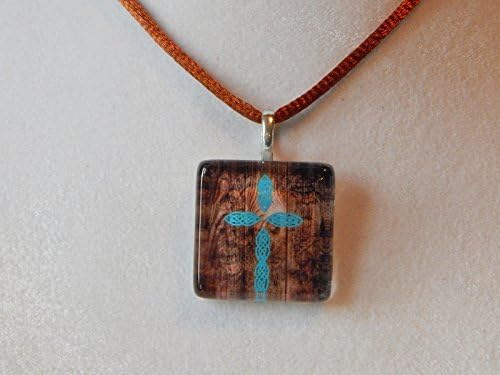 Teal Cross on Wood Background - Glass Tile Necklace