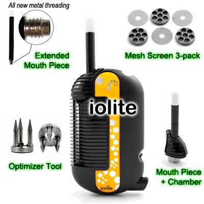 ULTIMATE ACCESSORY COMBO iolite Portable Cordless Handheld Vaporizer YELLOW + Optimizer Tool + Extended Mouth Piece + Mouth Piece and Chamber + Mesh Screen 3-pack