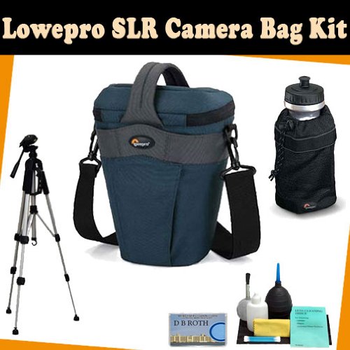 LowePro SLR Camera bag kit which includes the Lowepro Cirrus TLZ 25 Holster Style Case For Digital SLR & Telephoto Zoom Lens (Blue) + TR-60N Camera Tripod + Lowepro Mesh Water Bottle Bag for 32oz. Size Bottles + Camera lens Cleaning kit + DB ROTH Micro Fiber Cloth.