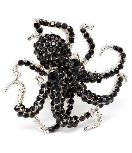 Unique Large Black Crystal Covered Octopus Ring on Stretch Band Silver Tone Finish