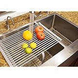 Stainless Steel Roll-up Folding Drying Rack Colander 20.5" X 12.5" Wide w/ Built on Hook and Loop Fastening Rack Tie (Glossy Grey on Stainless steel Rod)