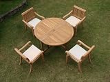 New 5 Pc Luxurious Grade-A Teak Dining Set - 48 Round Butterfly Table and 4 Stacking Arm Chairs [Model:AB1]
